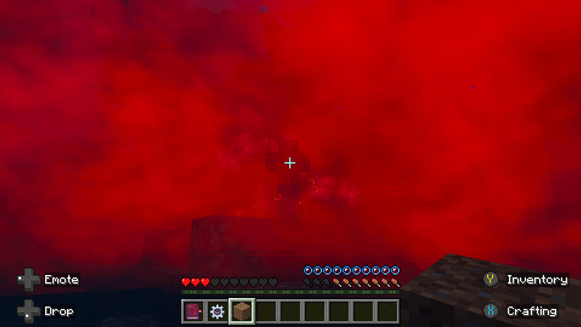 Screenshot from Minecraft where a red fog covers the whole biome, making it hard to see far