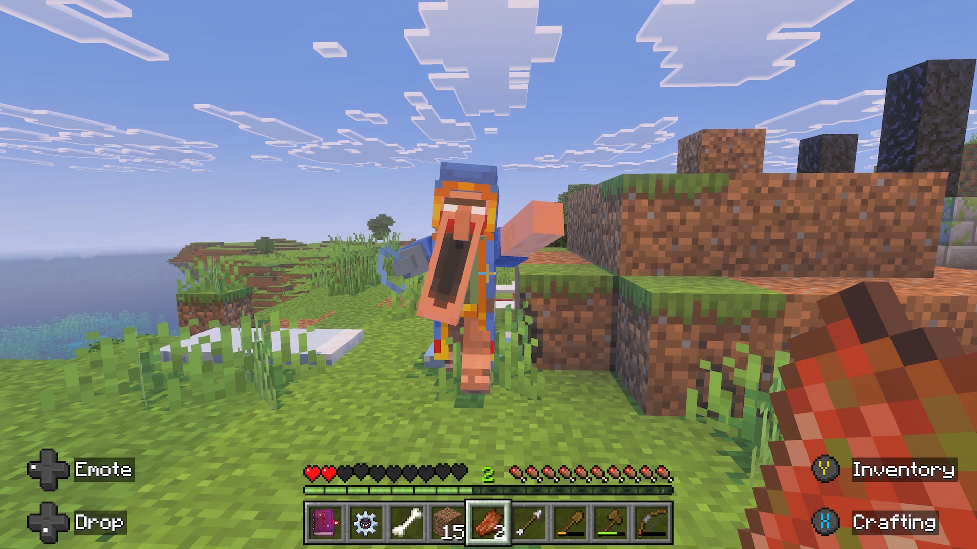 Minecraft screenshot of the plains biome where a scary version of the wandering trader approaches with white eyes and a jaw reaching half way down their body