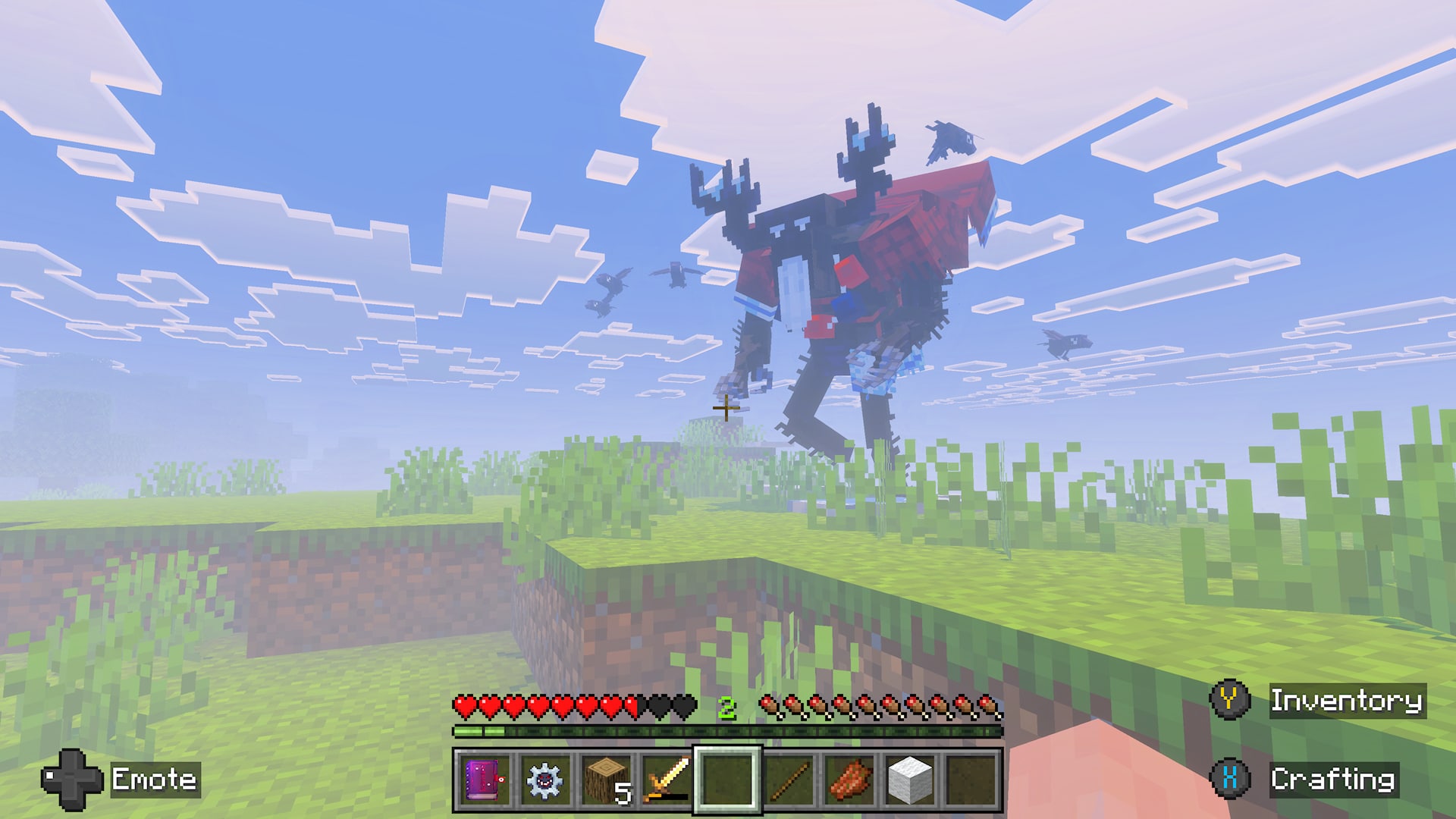 Minecraft screenshot of misty plains biome where a the giant Krampus character with horns, white eyes, and red clothes towers overs us
