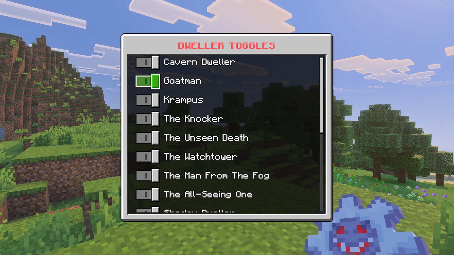 Minecraft screenshot featuring a menu titled "DWELLER TOGGLES" listing various characters like Cavern Dweller, Krampus, The Knocker, The Unseen Death, The Watchtower, The Man From The Fog, and the All-seeing One, with "Goatman" highlighted. 