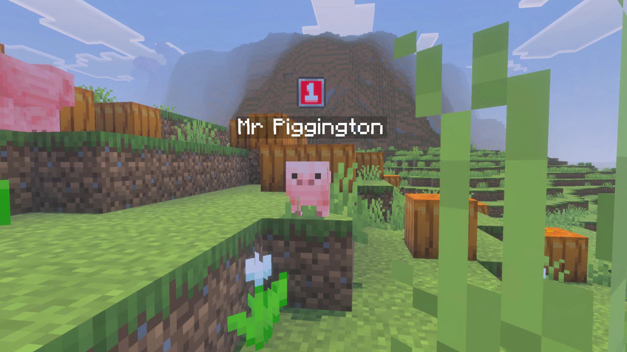 A baby pig named “Mr Piggington” stands on a grassy hill in a Minecraft overworld landscape, with a level indicator icon above its name and pumpkins nearby.