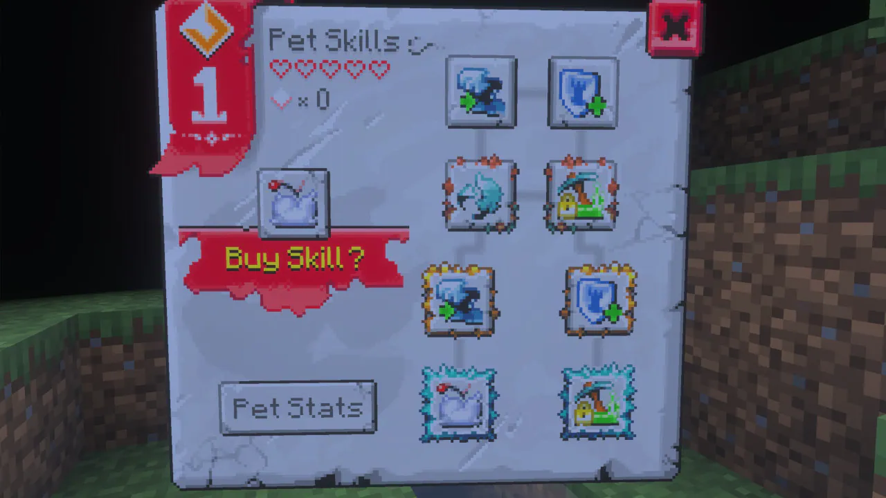 In-game pet skills menu interface showing a grid of selectable abilities, a “Buy Skill?” prompt, and a “Pet Stats” button, displayed against a grassy terrain background.