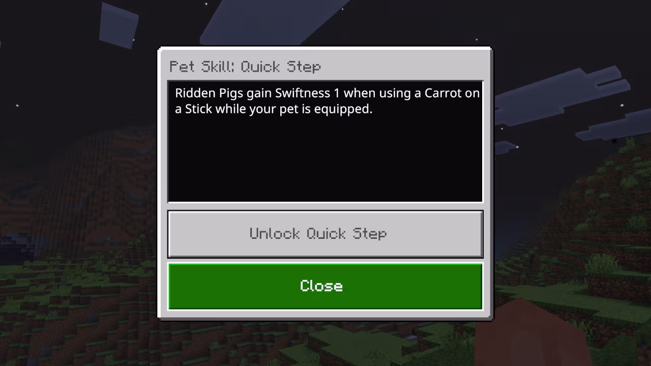A pop-up UI window describes the “Quick Step” pet skill, explaining that ridden pigs gain Swiftness when using a carrot on a stick; options include “Unlock Quick Step” and “Close.”