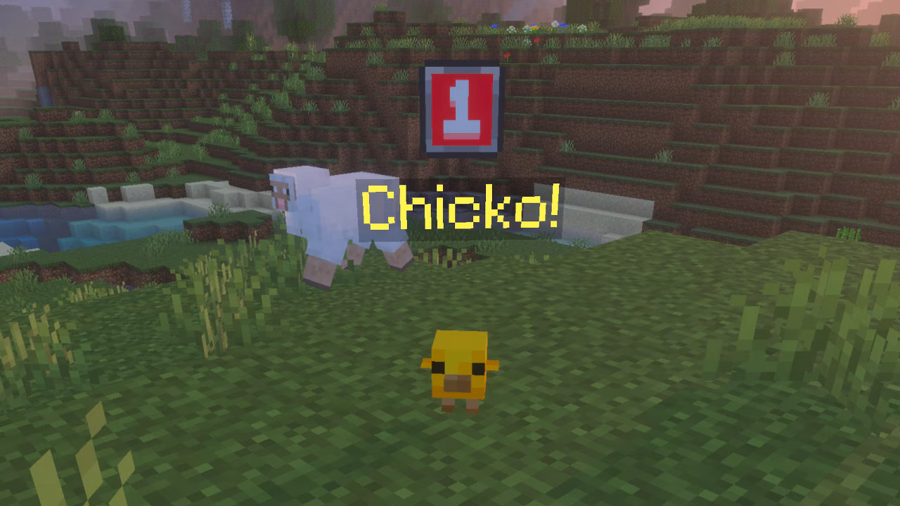 A small yellow chick named “Chicko!” stands on grass near a sheep, with a level indicator above its name in a green overworld setting.