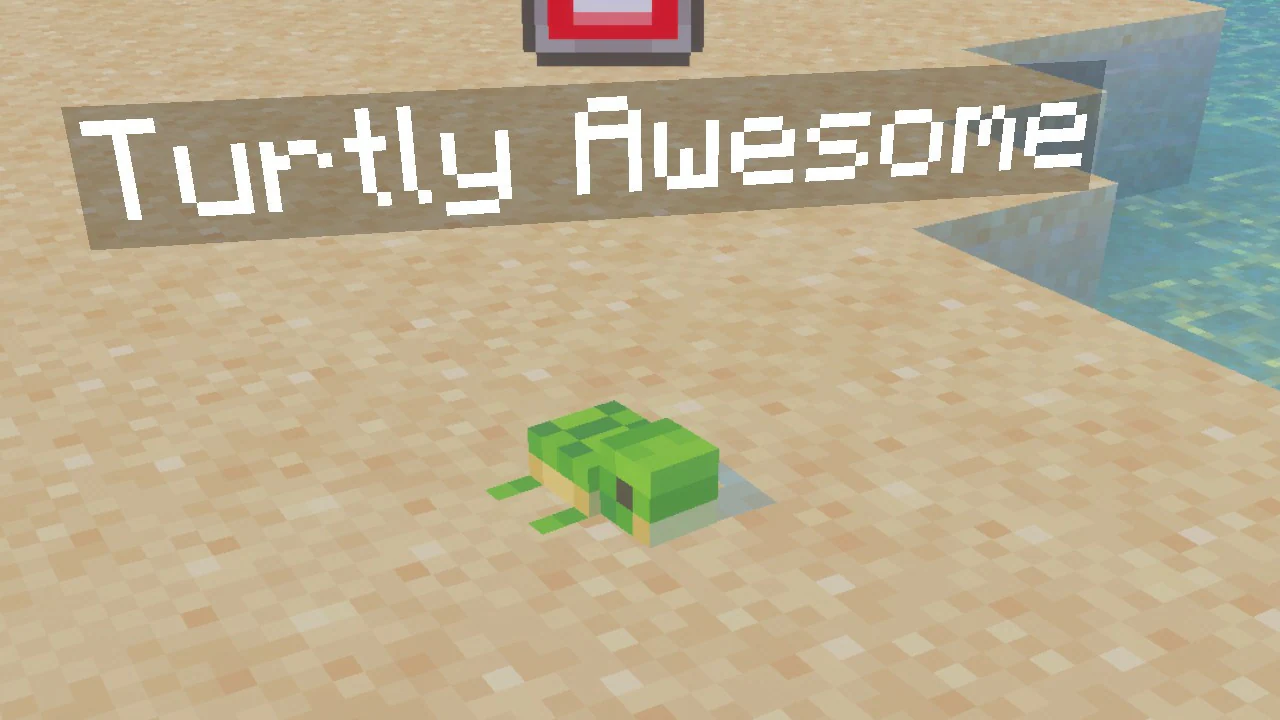 A tiny green baby turtle labeled “Turtly Awesome” rests on a sandy beach near water, with a level indicator icon above the name.