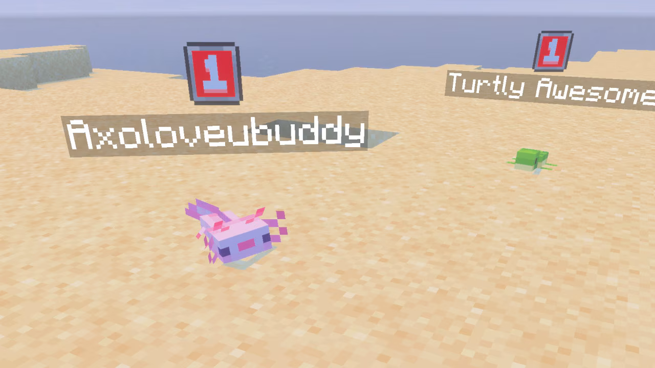 A pink axolotl named “Axoloveubuddy” and a small turtle are shown on a sandy shore, each with name labels and level indicators above them.