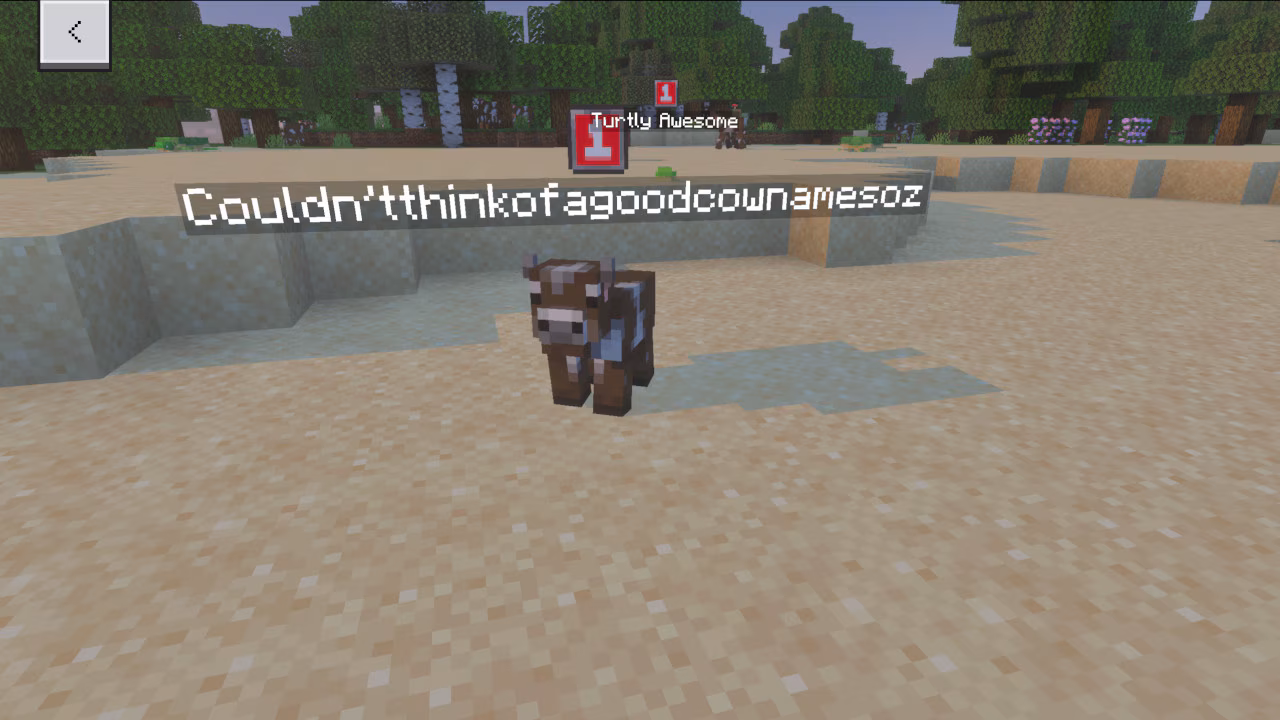 A cow named “Couldn’tthinkofagoodcownamesoz” stands on a sandy beach with a forest in the background, with a level indicator icon above its name.