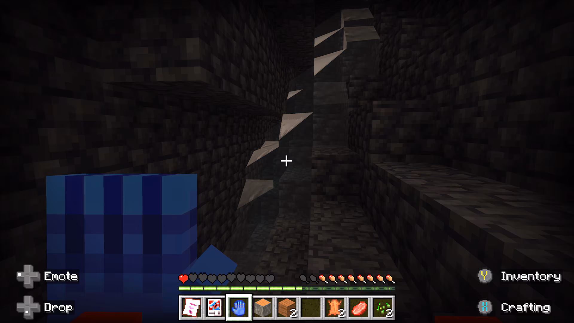 A POV screenshot of the player stuck in a deep ravine