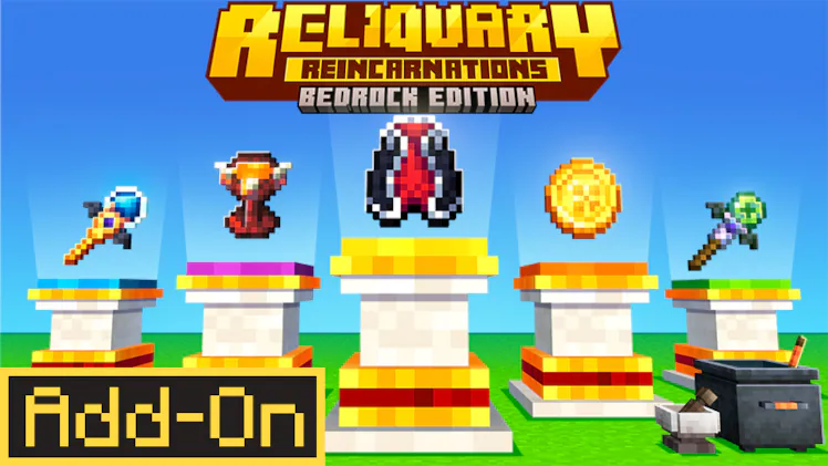 Five magical items are displayed on pedestals under the “Reliquary Reincarnations Bedrock Edition Add-On” banner