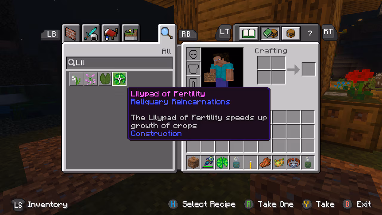 The inventory screen shows the “Lilypad of Fertility” item, which boosts crop growth. The player is in the crafting menu at night.