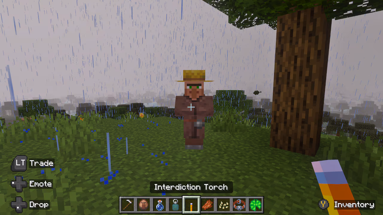 A villager wearing a straw hat stands in the rain near a tree. The player holds an interdiction torch, ready to interact.
