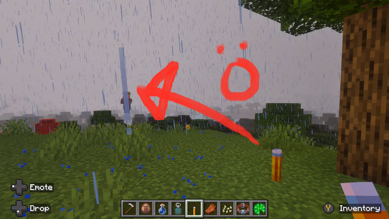 A red arrow points to a villager in a straw hat standing far away.