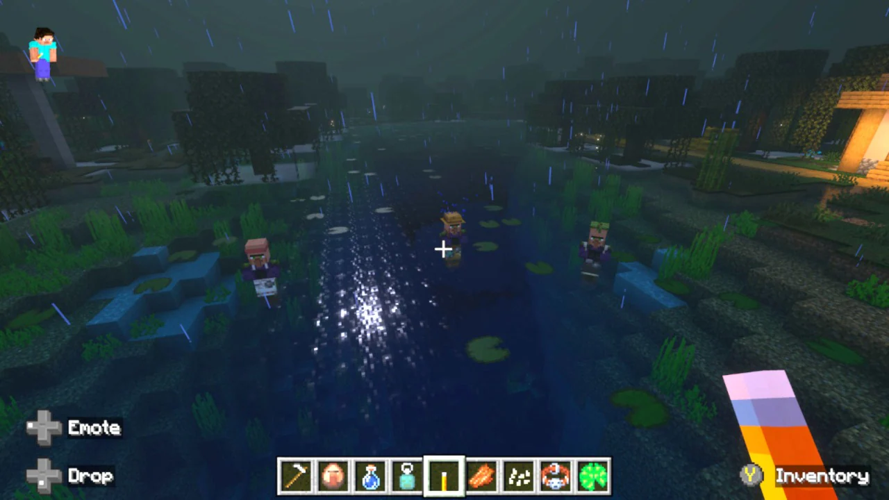 Several villagers stand in a rainy swamp at night, surrounded by lily pads and glowing water.