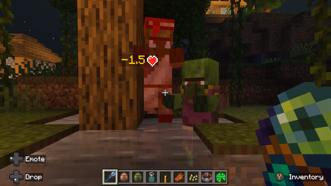 A player attacks a zombie villager and a baby zombie villager under a tree at night, with damage numbers shown. The player wields a magical weapon.