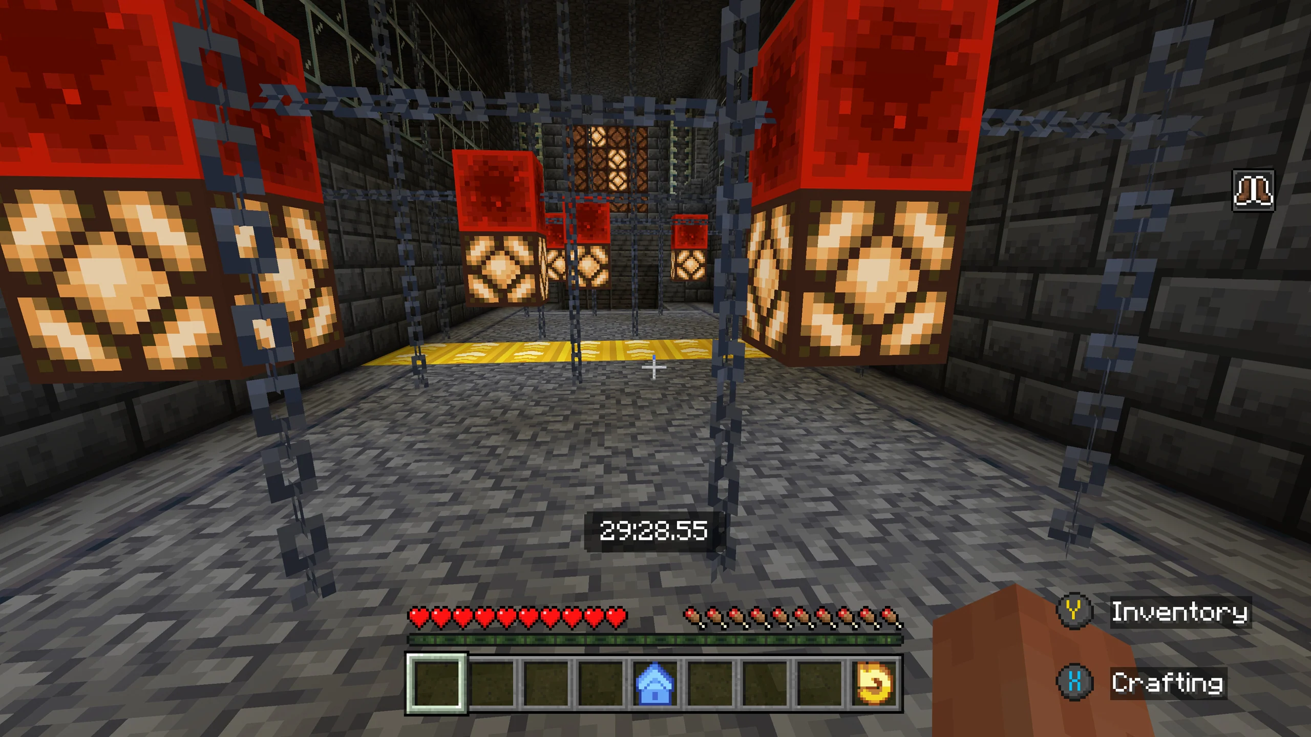 A first-person POV screenshot of a player running through a dungeon filled with obstacles.