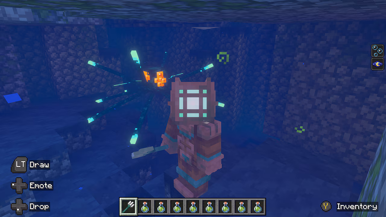 An armored diver explores underwater ruins with a trident while a glowing deep-sea creature floats behind them in the shadows.