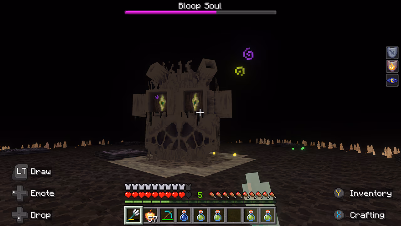 A boss called Bloop Soul rises from the darkness, its skull-shaped form glowing with green eyes in a shadowy arena.