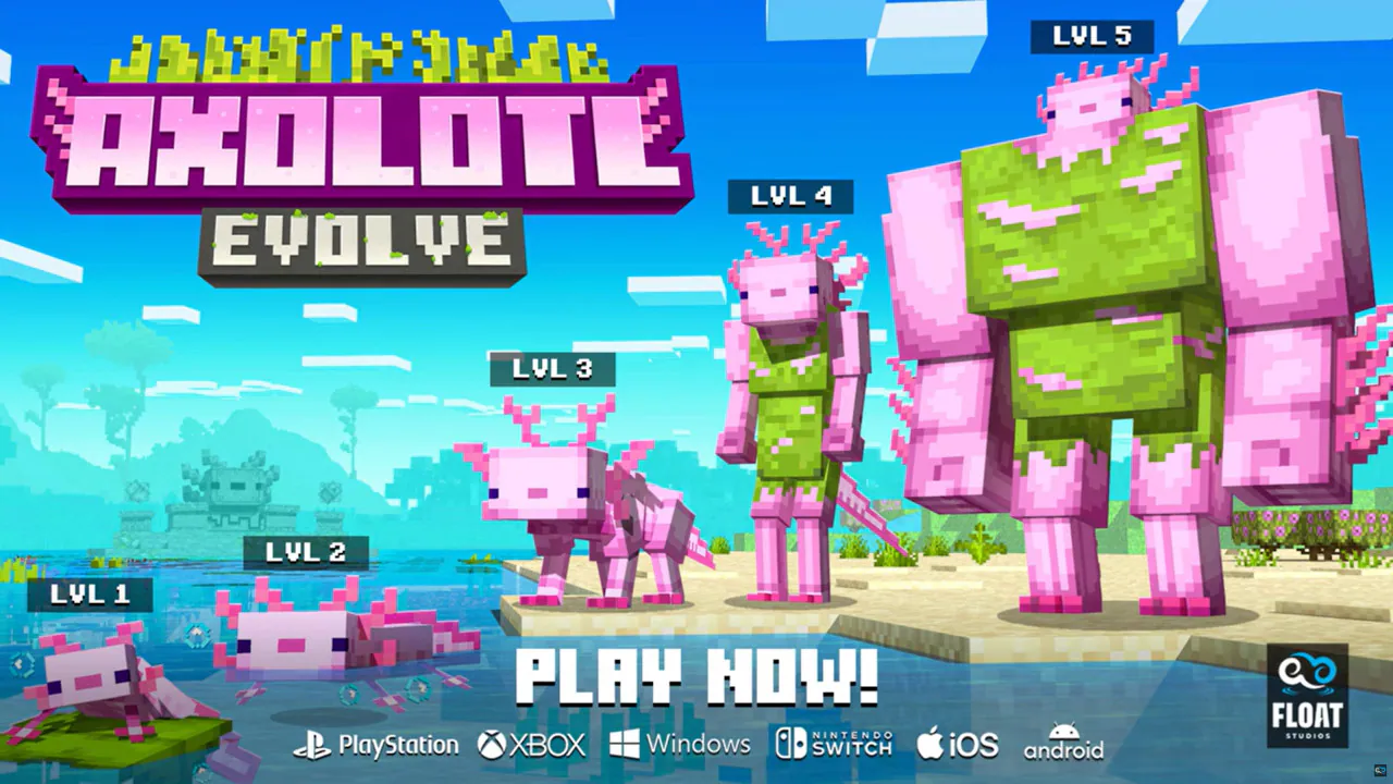 This image shows all five stages of axolotl evolution included in this map - from a tiny pink axolotl to a towering one!