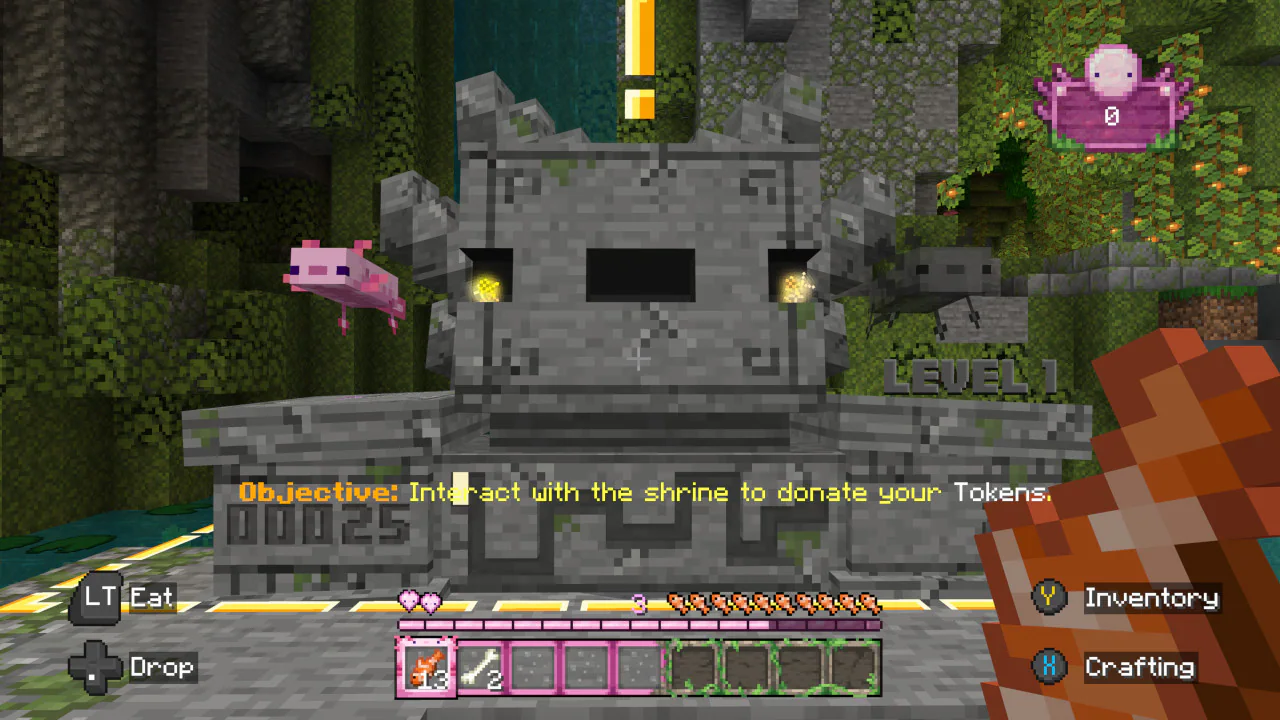 This screenshot shows the huge stone axolotl shrine - complete with glowing yellow eyes