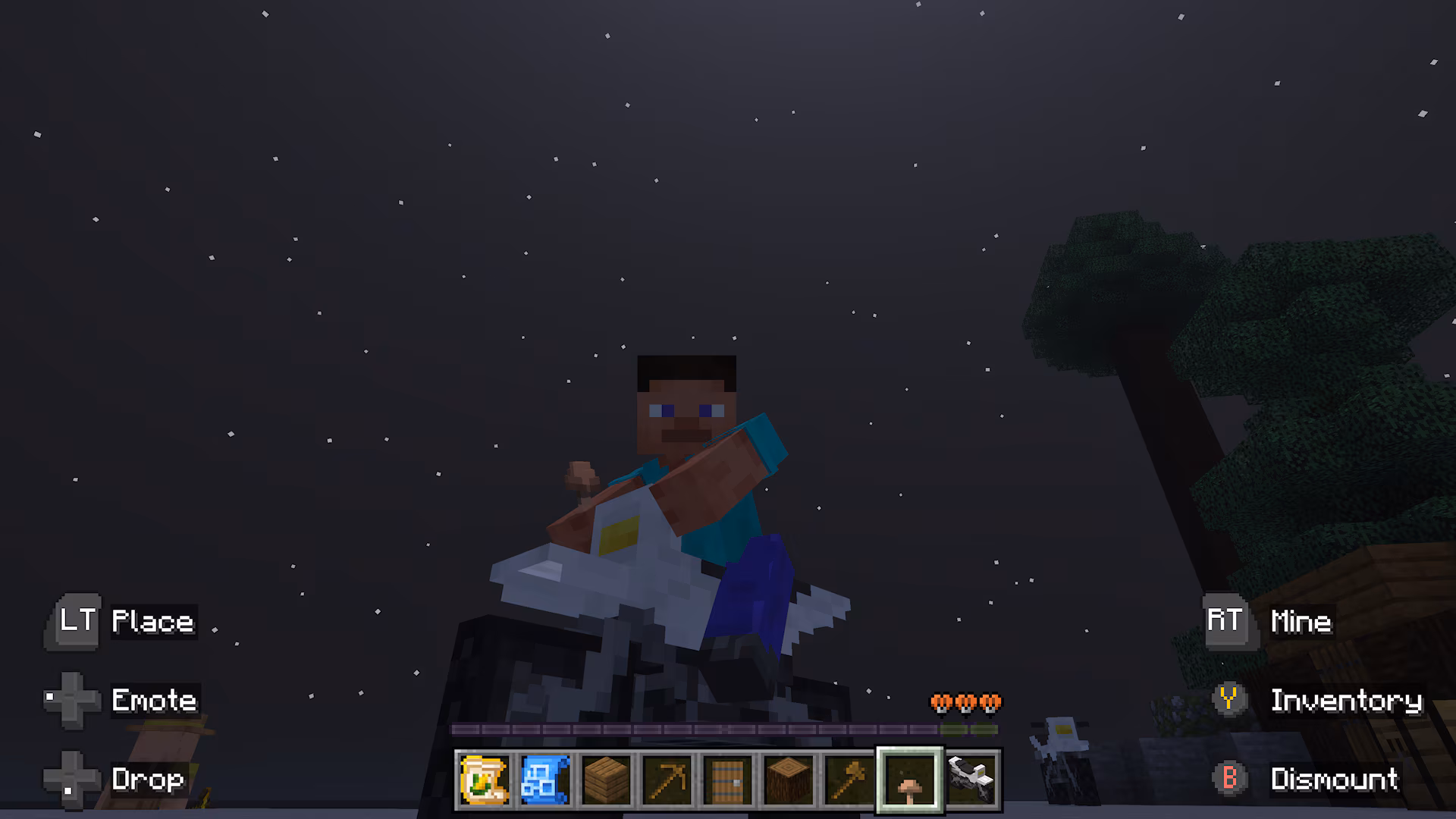 A player rides a small farming vehicle at night beneath a starry sky, holding a mushroom while seated.
