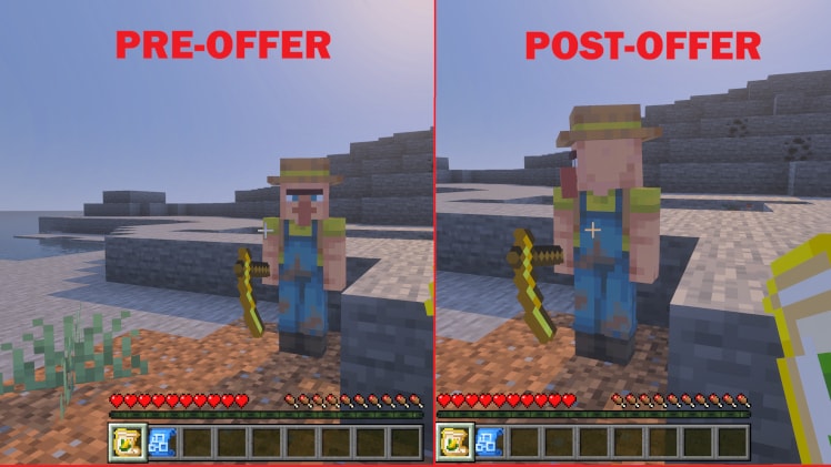 Side-by-side Minecraft comparison showing a farmer character before and after an imagined player interaction.