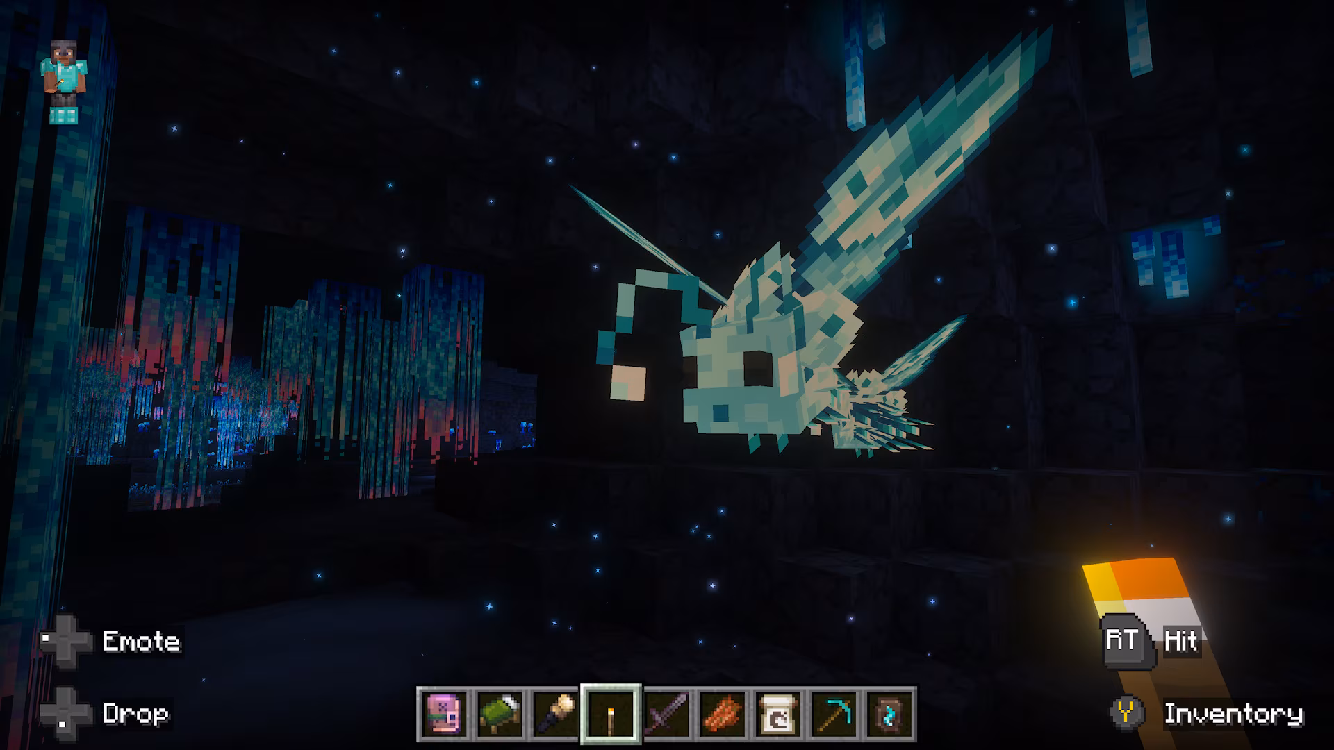 Minecraft player encounters a large pale-blue flying creature with translucent wings inside a glowing underground cavern.
