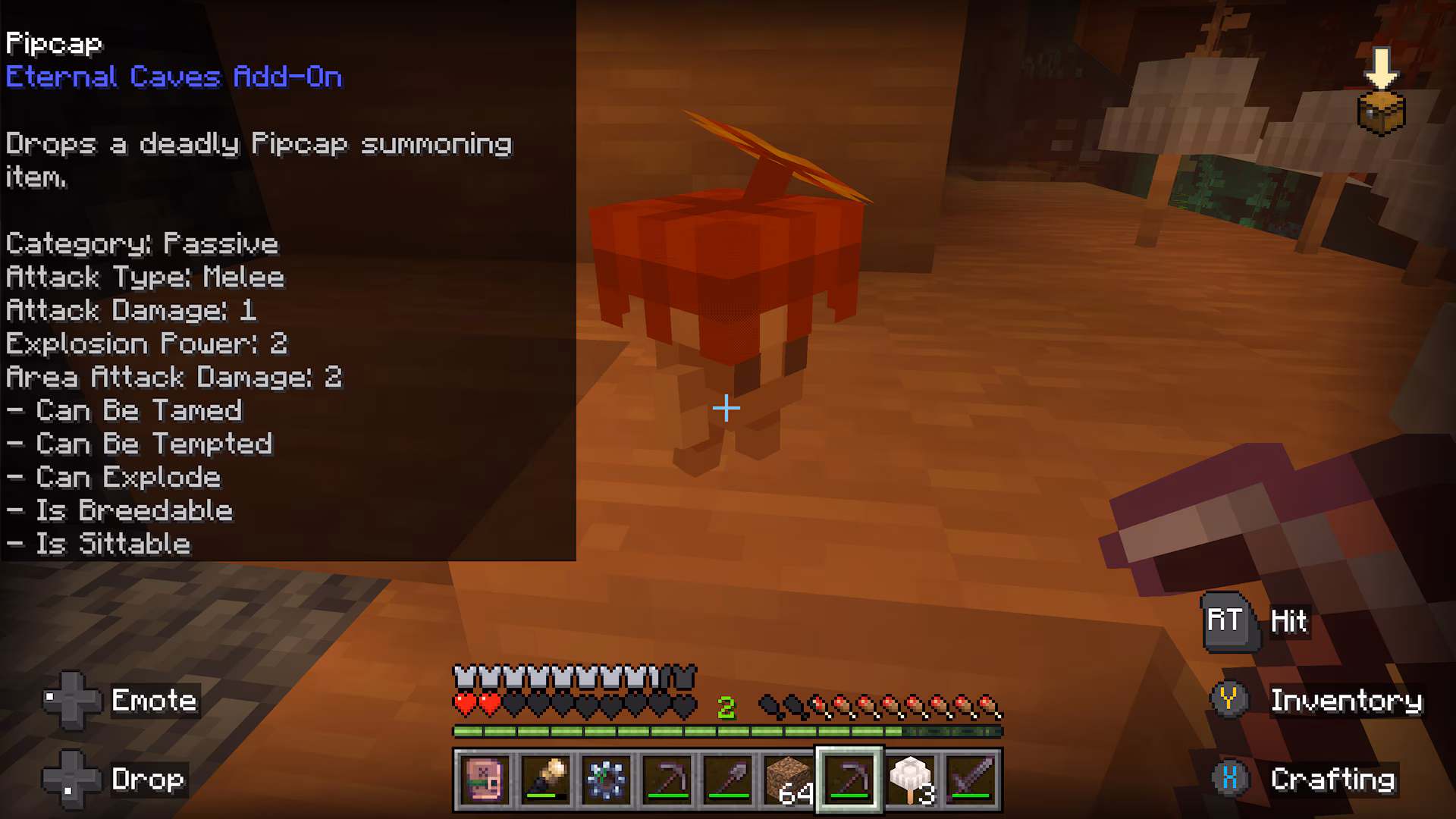 Minecraft Eternal Caves Add-On interface displays information about a red Pipcap creature inside an orange-lit mushroom cave.