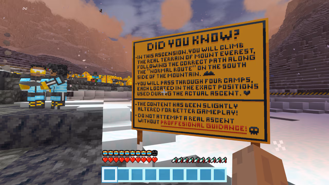A POV scene with a warning sign informing about dangers, with two characters in blue suits to the left.