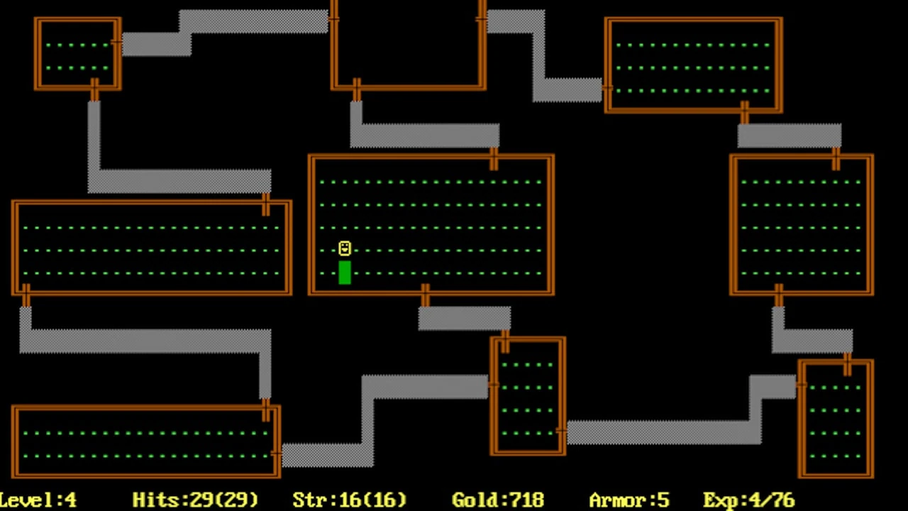 This is an image of Rogue from 1980, developed by A.I. Design and published by Epyx (NA) and Mastertronic (EU)