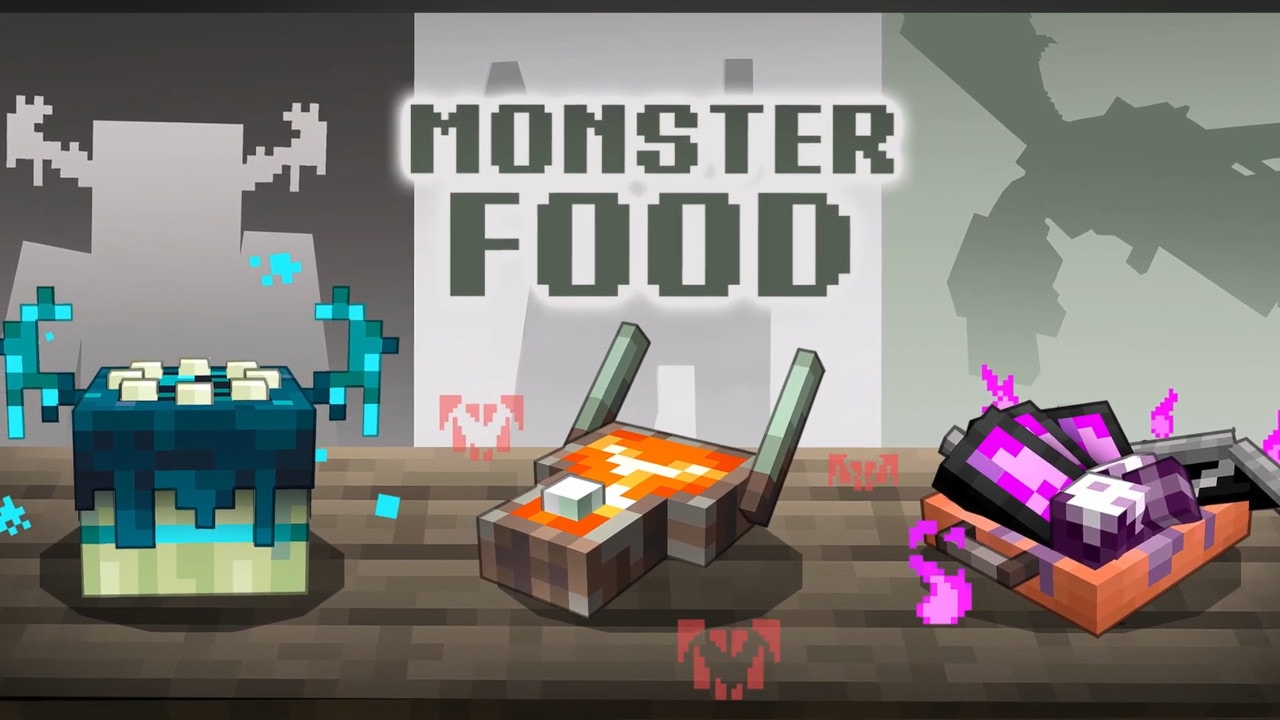 Three Minecraft food dishes displayed on a table: a sculk-like dish, a lava-themed meal, and an End-themed platter under “Monster Food”.