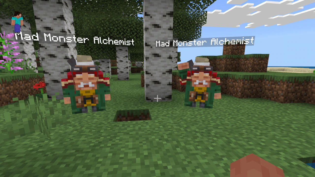 Two Mad Monster Alchemists stand in a birch forest with name labels visible above them.