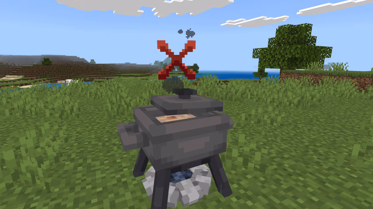 A cooking pot on a campfire shows a red X particle effect above it, indicating a failed or incorrect recipe.