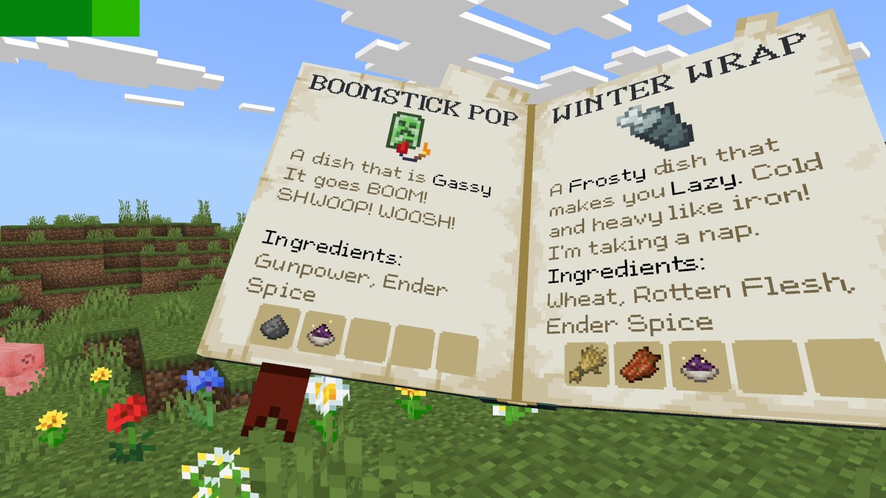 An open recipe book displays “Boomstick Pop” and “Winter Wrap” with ingredients like gunpowder, wheat, and Ender spice.