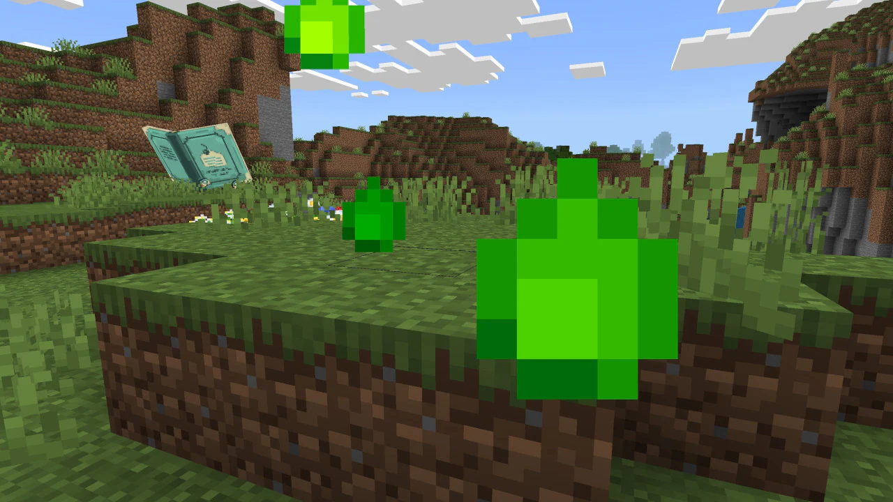 Bright green particles float above grass near an open recipe book set against hills and a cave entrance.