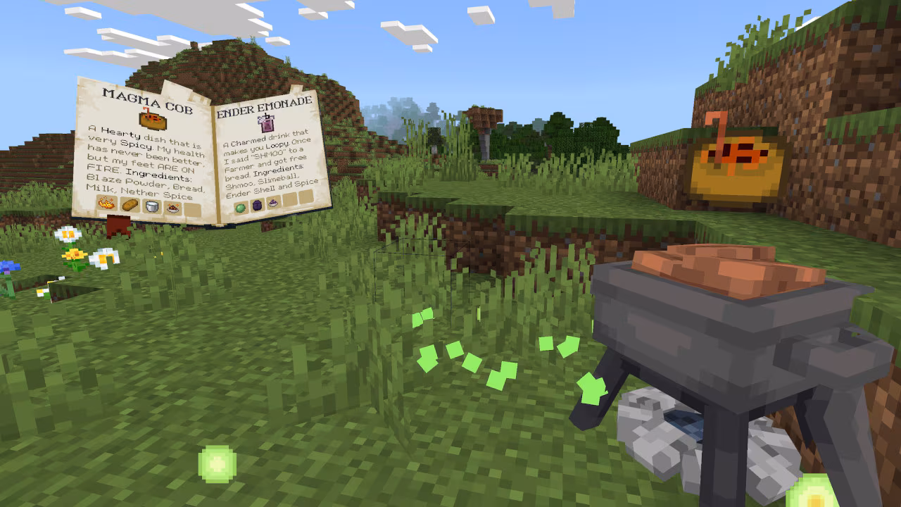 A bubbling pot cooks over a campfire while a recipe book sits open nearby, showing dishes like Magma Cob and Ender Lemonade.