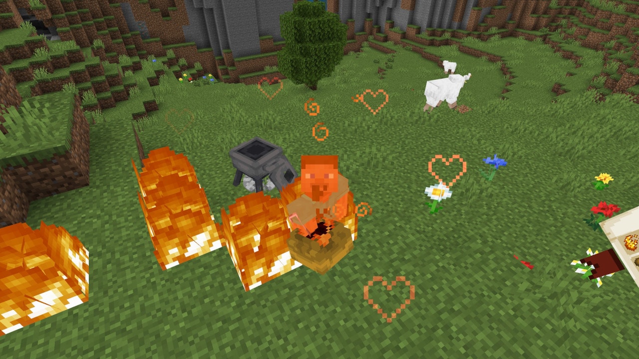A player character surrounded by fire.