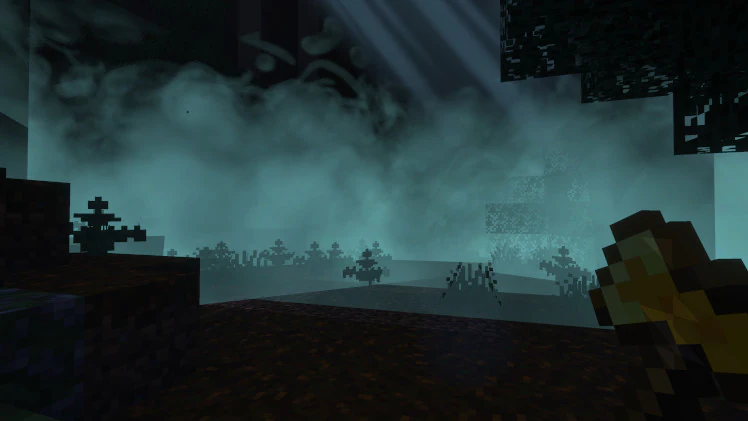 Dark Minecraft forest with thick fog and moonlight beams, showing silhouetted plants and a player holding a golden axe.