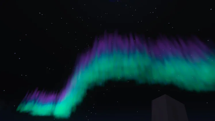 Minecraft night sky with a vivid aurora in green, blue, and purple hues stretching across the stars.