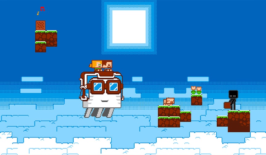 A screenshot from our Pixel Drift music video featuring - a happy ghast!