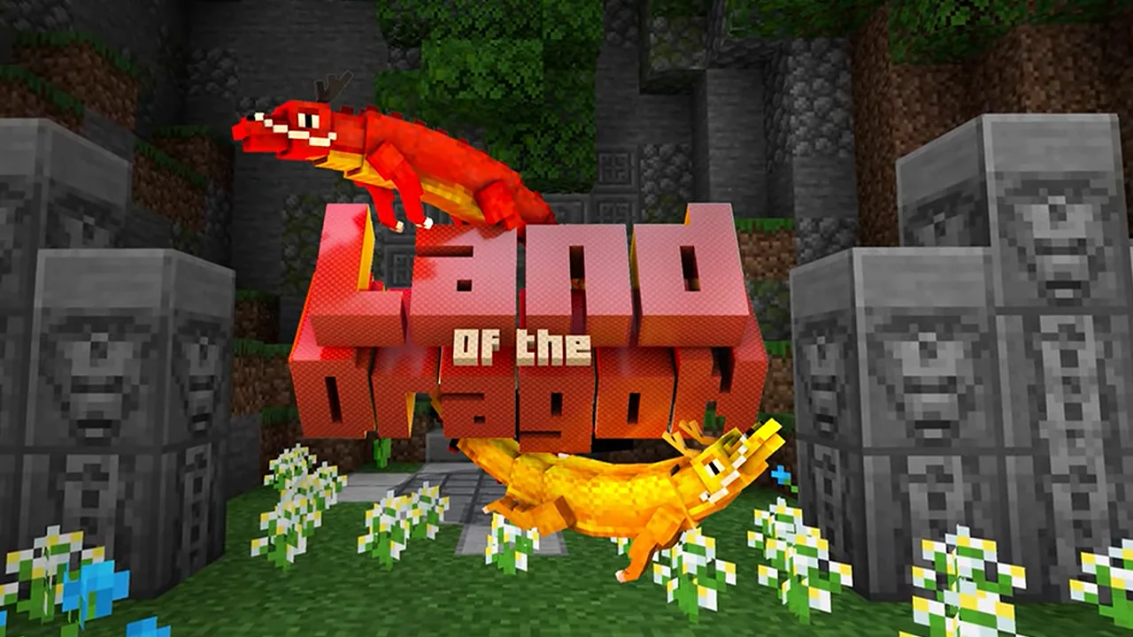 Two colorful dragons fly above stone statues and flowers around the bold title text