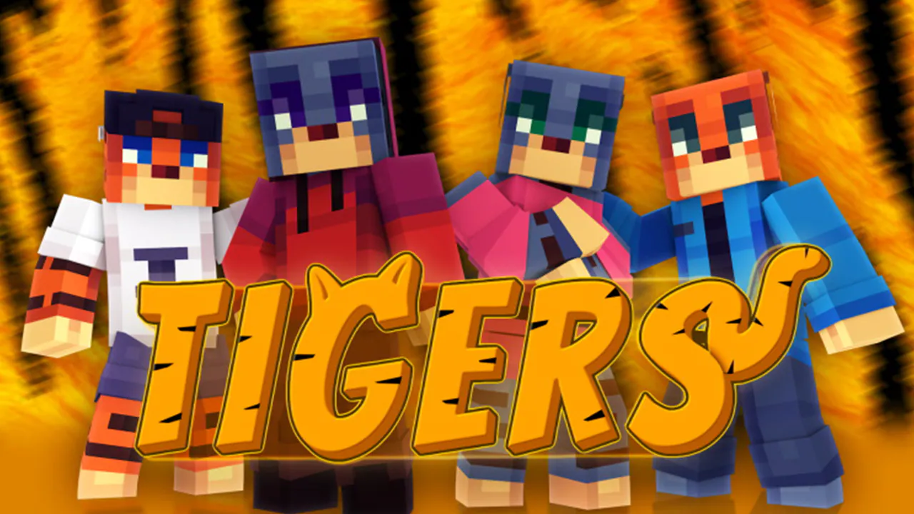 Four tiger‑themed characters pose together in front of a bold claw‑styled TIGERS title