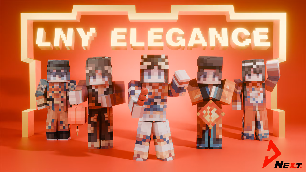 Five Lunar‑New‑Year‑themed characters pose under a glowing LNY ELEGANCE sign on a bright red stage