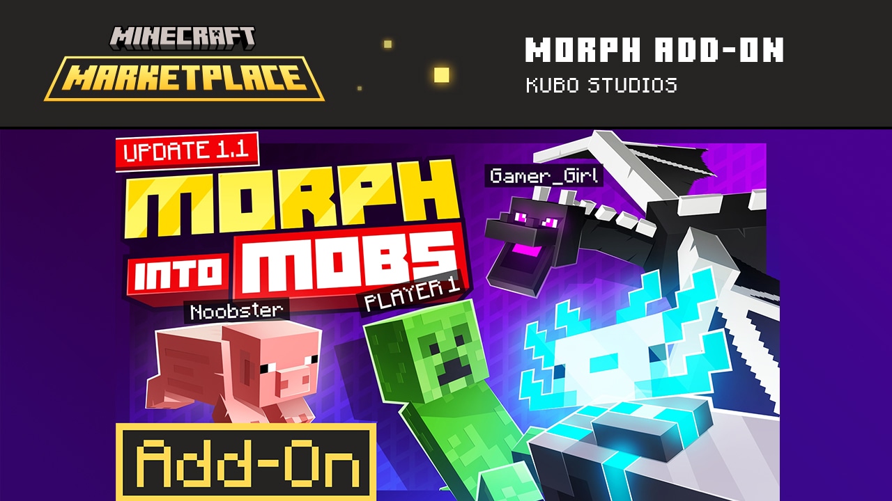 The Morph Add-on showing players as pigs, creepers, the Ender dragon, and an axoltl