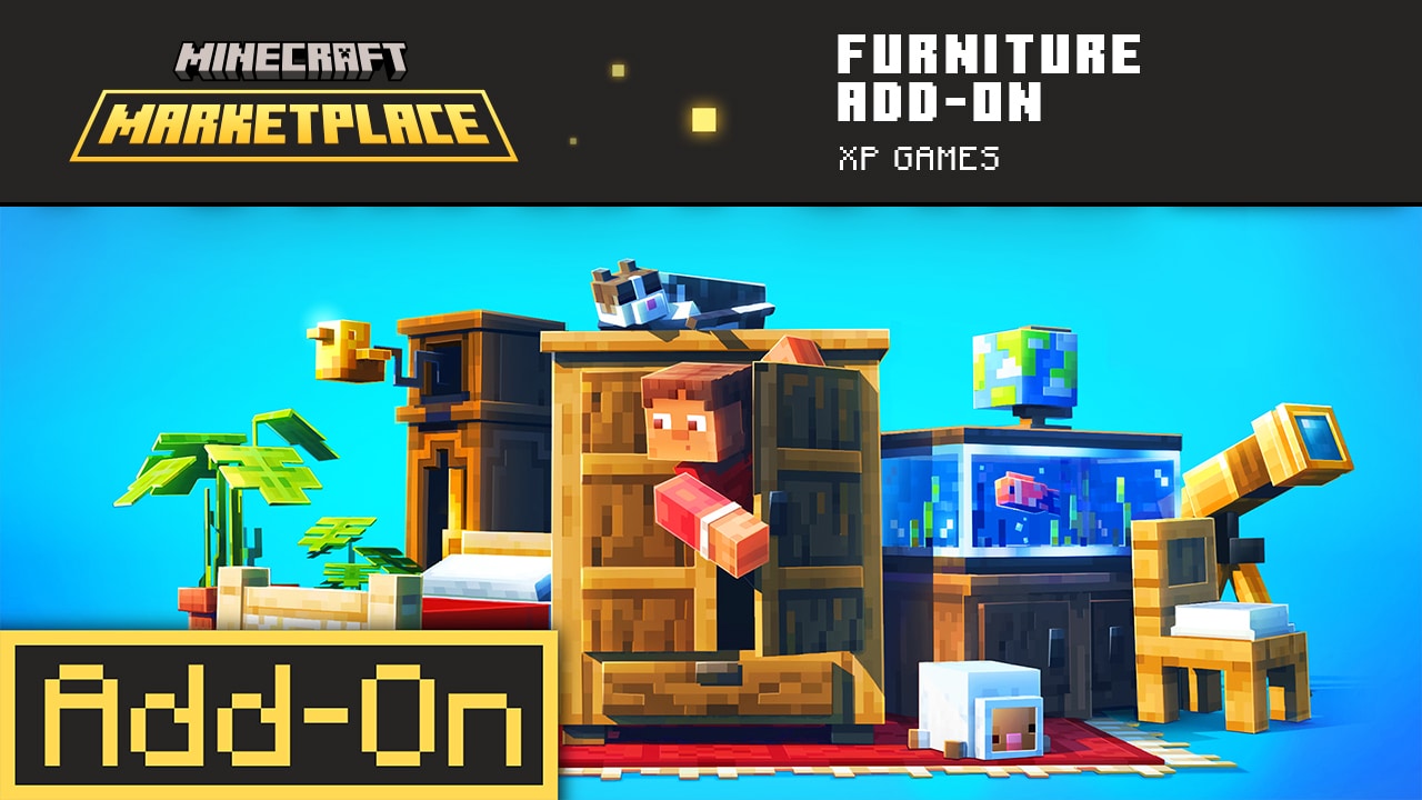The Furniture Add-on including house plants, a telescope, a blocky globe, an aquarium, stuffed animals, and more.