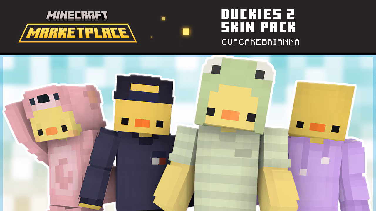 Four duck skins wearing pastel colored hoodies and caps