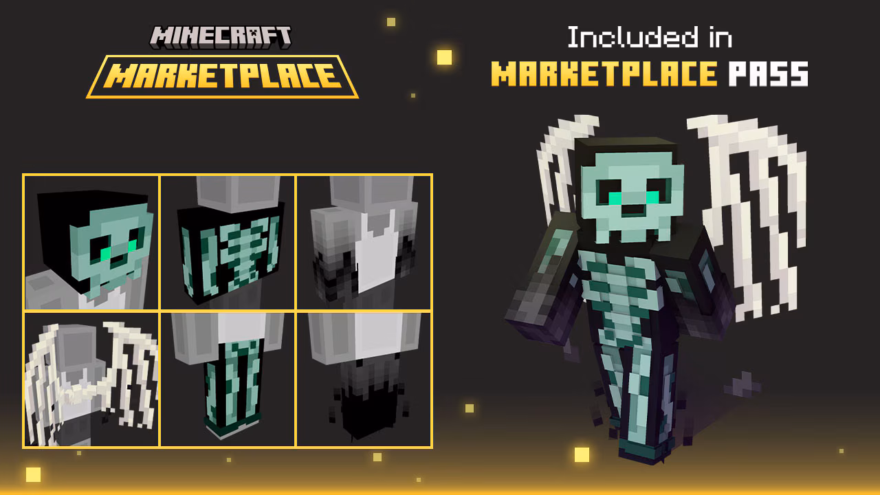 Minecraft Marketplace Pass promotional image featuring a skeletal-themed character skin with wings and glowing cyan accents.