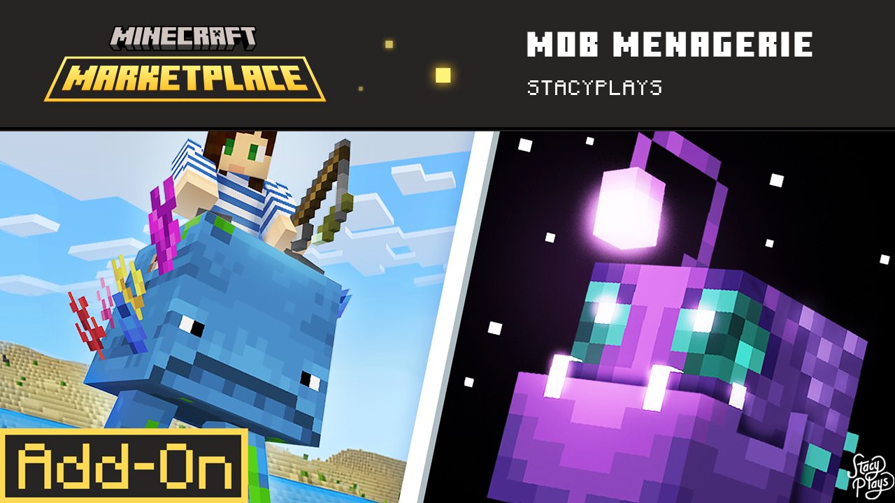 Minecraft Marketplace Mob Menagerie add-on poster featuring two scenes: left side shows a player riding a large blue aquatic creature with coral on its back under a bright sky, right side displays a glowing purple deep-sea creature with a bioluminescent lure against a dark background