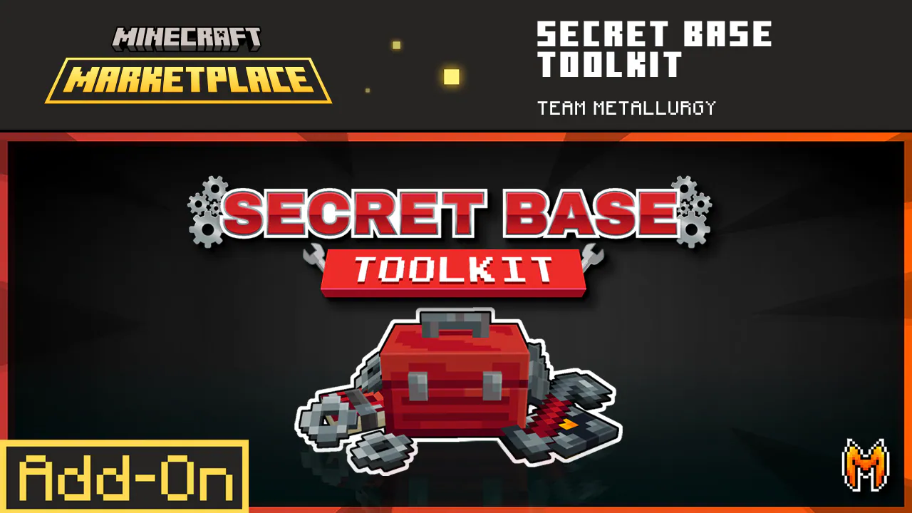 Minecraft Marketplace Secret Base Toolkit add-on poster featuring a large red toolbox with mechanical gears and tools, bold title text reading SECRET BASE TOOLKIT, and Add-On label at the bottom