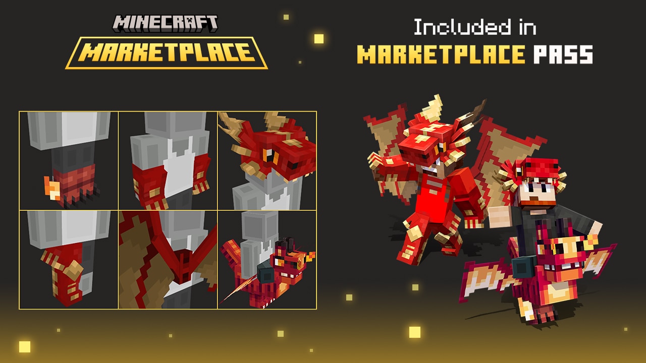 Minecraft Marketplace promo featuring Marketplace Pass with dragon-themed content: close-up views of red armor pieces on the left and two characters riding red dragons on the right