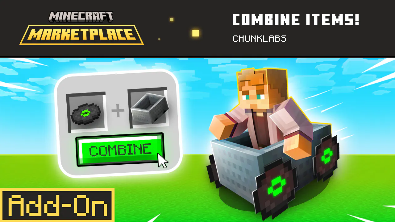 Minecraft Marketplace banner for Combine Items Add-On A character rides a custom cart while a combine menu shows two items merging into one